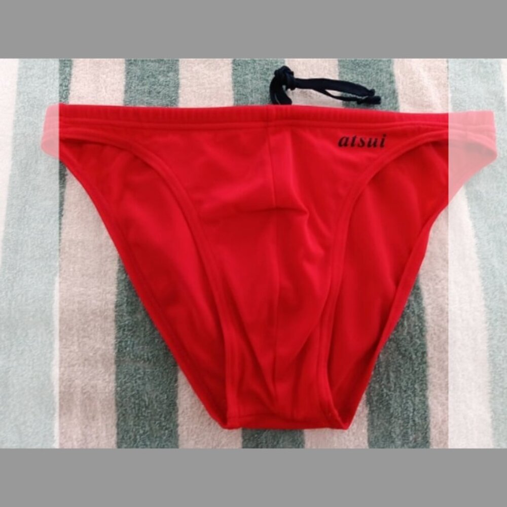 VINTAGE "ATSUI" SWIM BRIEF, < 1" SIDES, RED, TAG SIZE "S" (30")
